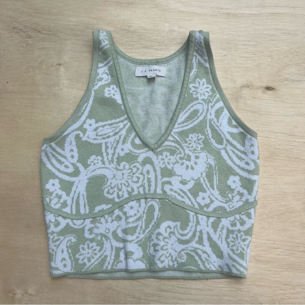 Pacsun XS Green White V Neck Sweater Vest Tank Top Floral Soft Basic Layer